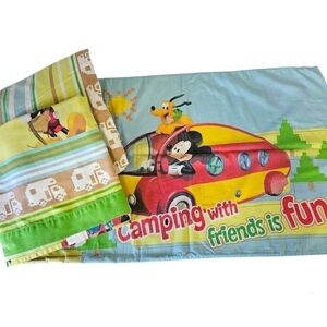 VINTAGE Disney Mickey Mouse & Friends Camping Theme Twin 3 Piece Sheet Set